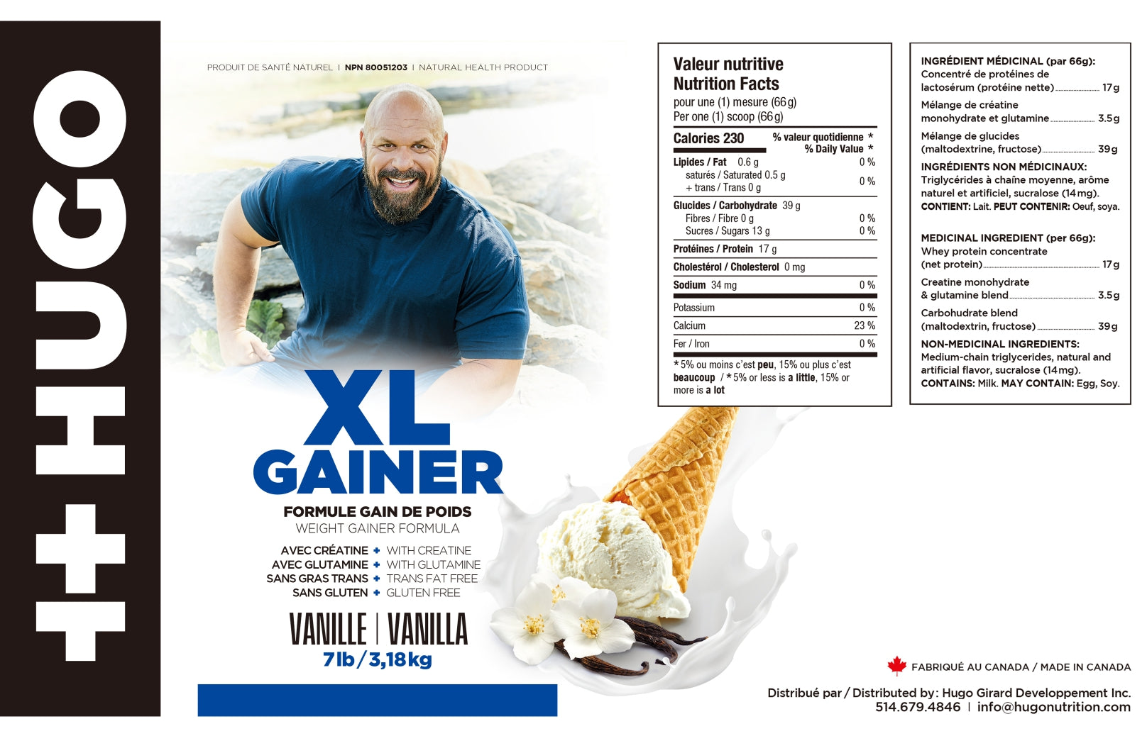 ingrédients xl gainer à la vanille supplément pour l'entraînement et prise de masse